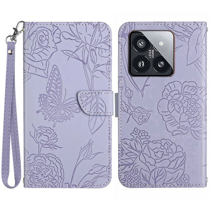 HT03 For Xiaomi 14 Case Imprinted Flower Leather Wallet Cover with Hand Strap