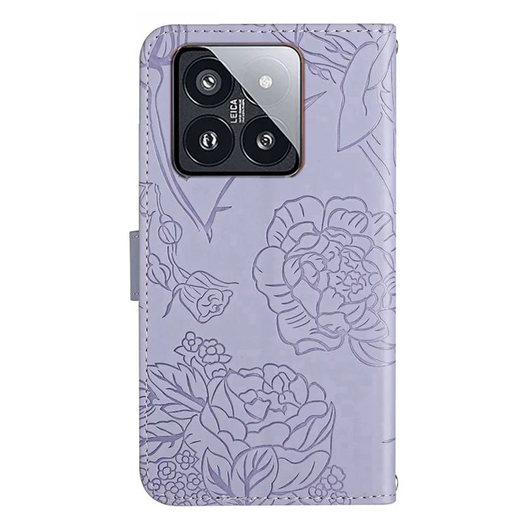 HT03 For Xiaomi 14 Case Imprinted Flower Leather Wallet Cover with Hand Strap