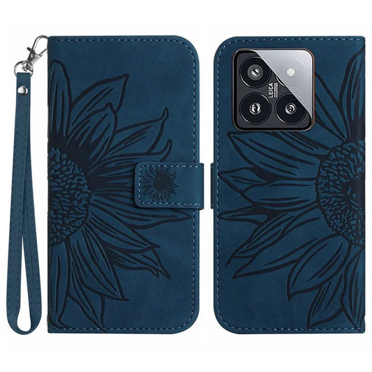 HT04 For Xiaomi 14 Case PU Leather Wallet Imprinted Sunflower Cover with Wrist Strap