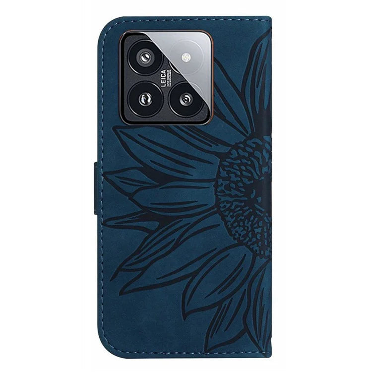 HT04 For Xiaomi 14 Case PU Leather Wallet Imprinted Sunflower Cover with Wrist Strap