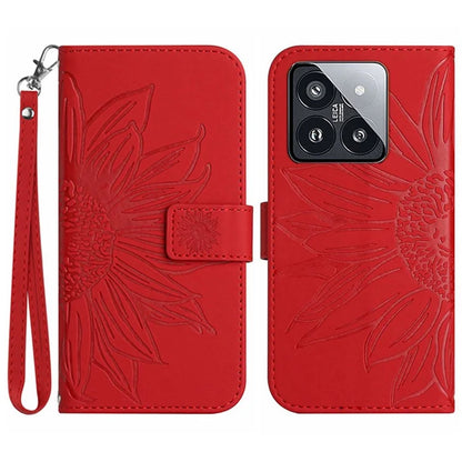 HT04 For Xiaomi 14 Case PU Leather Wallet Imprinted Sunflower Cover with Wrist Strap