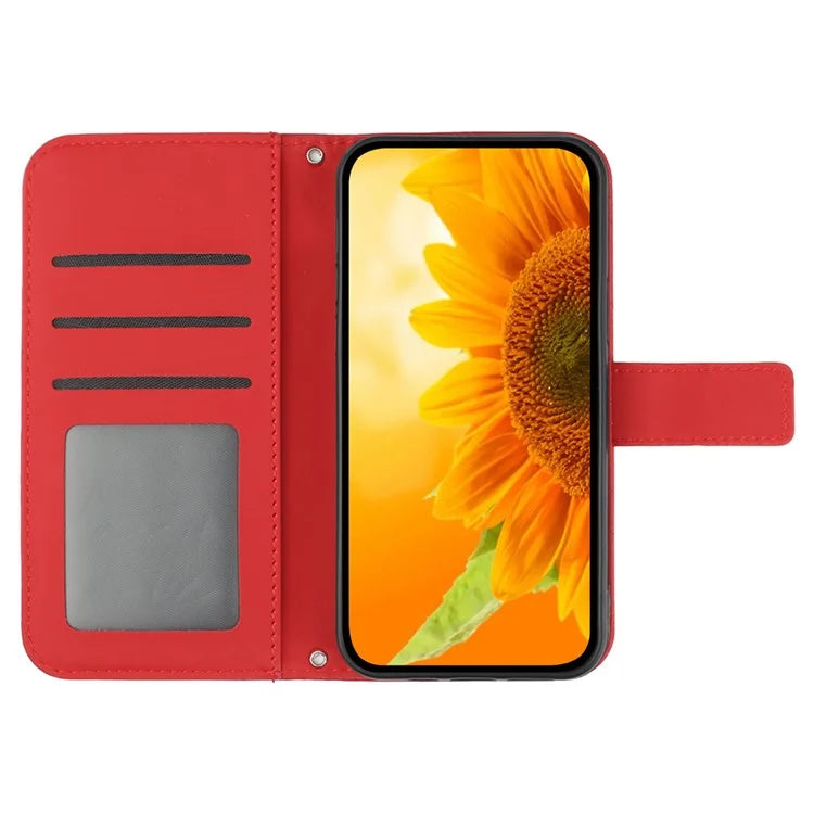HT04 For Xiaomi 14 Case PU Leather Wallet Imprinted Sunflower Cover with Wrist Strap