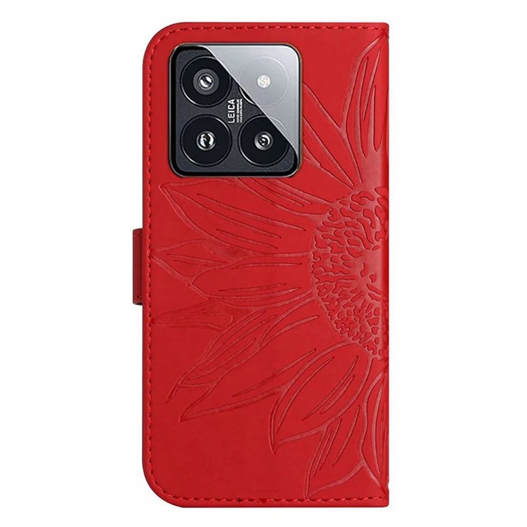 HT04 For Xiaomi 14 Case PU Leather Wallet Imprinted Sunflower Cover with Wrist Strap