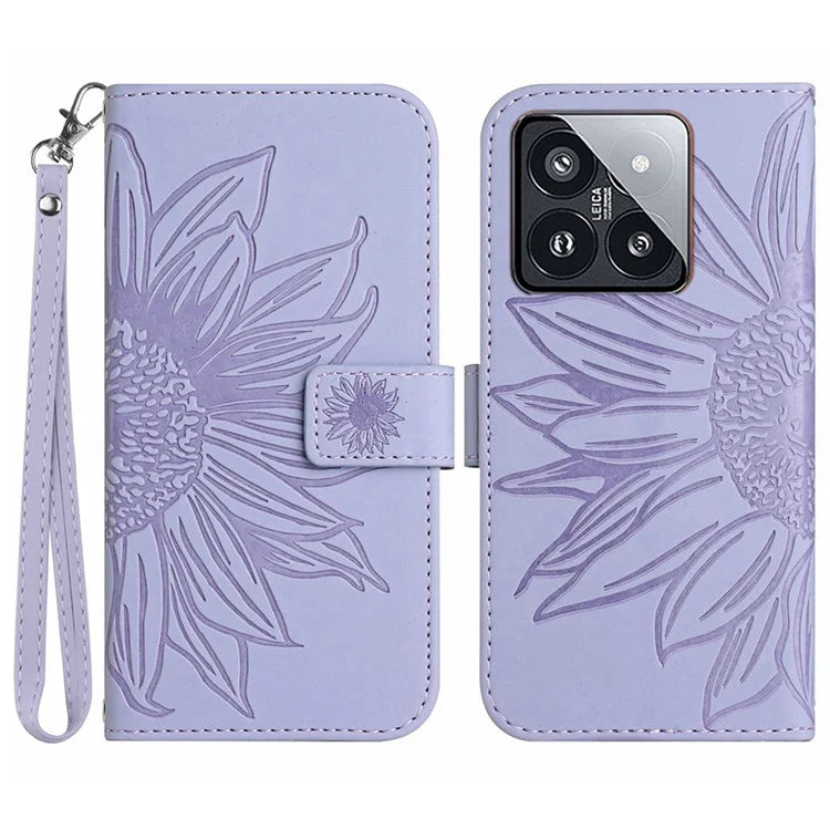 HT04 For Xiaomi 14 Case PU Leather Wallet Imprinted Sunflower Cover with Wrist Strap