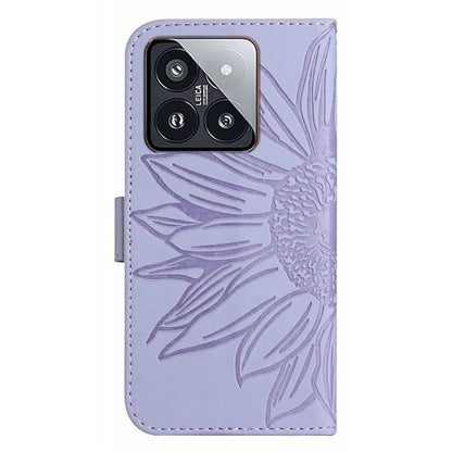 HT04 For Xiaomi 14 Case PU Leather Wallet Imprinted Sunflower Cover with Wrist Strap