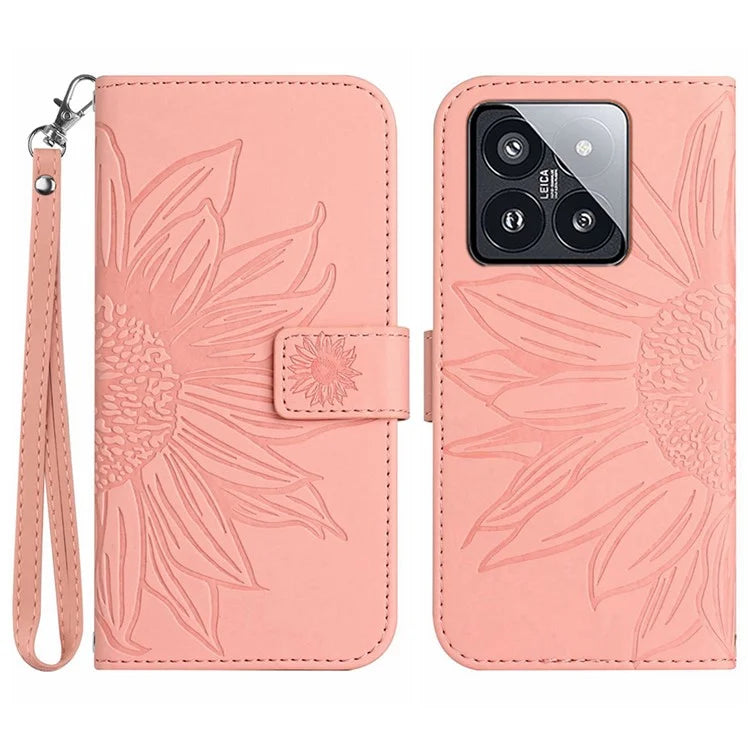 HT04 For Xiaomi 14 Case PU Leather Wallet Imprinted Sunflower Cover with Wrist Strap