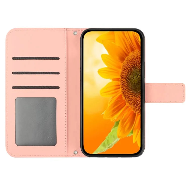 HT04 For Xiaomi 14 Case PU Leather Wallet Imprinted Sunflower Cover with Wrist Strap