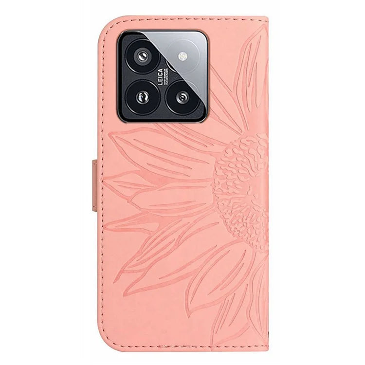 HT04 For Xiaomi 14 Case PU Leather Wallet Imprinted Sunflower Cover with Wrist Strap