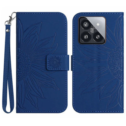 HT04 For Xiaomi 14 Case PU Leather Wallet Imprinted Sunflower Cover with Wrist Strap