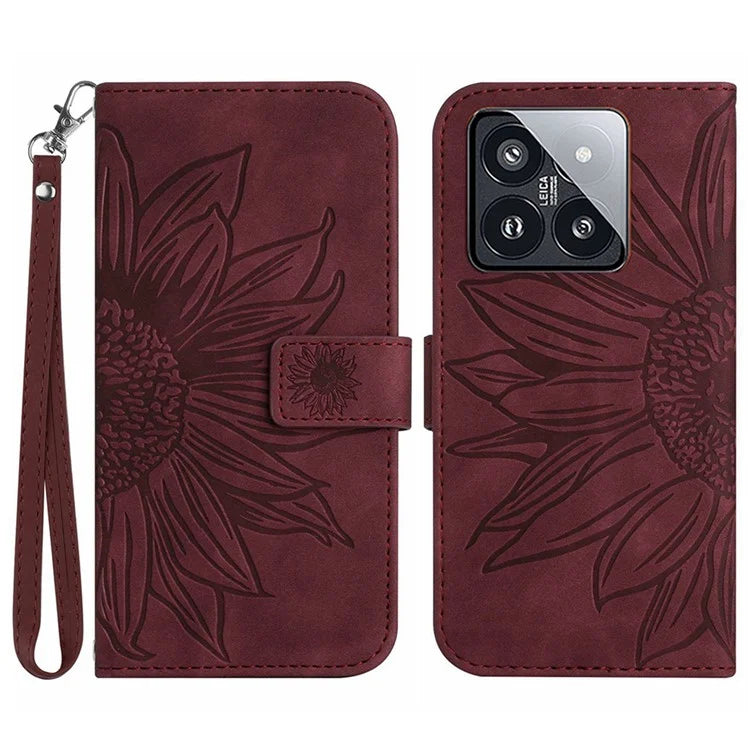 HT04 For Xiaomi 14 Case PU Leather Wallet Imprinted Sunflower Cover with Wrist Strap