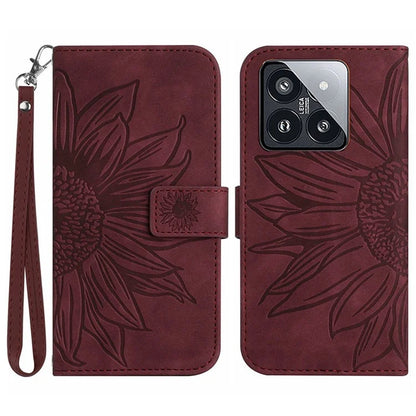 HT04 For Xiaomi 14 Case PU Leather Wallet Imprinted Sunflower Cover with Wrist Strap