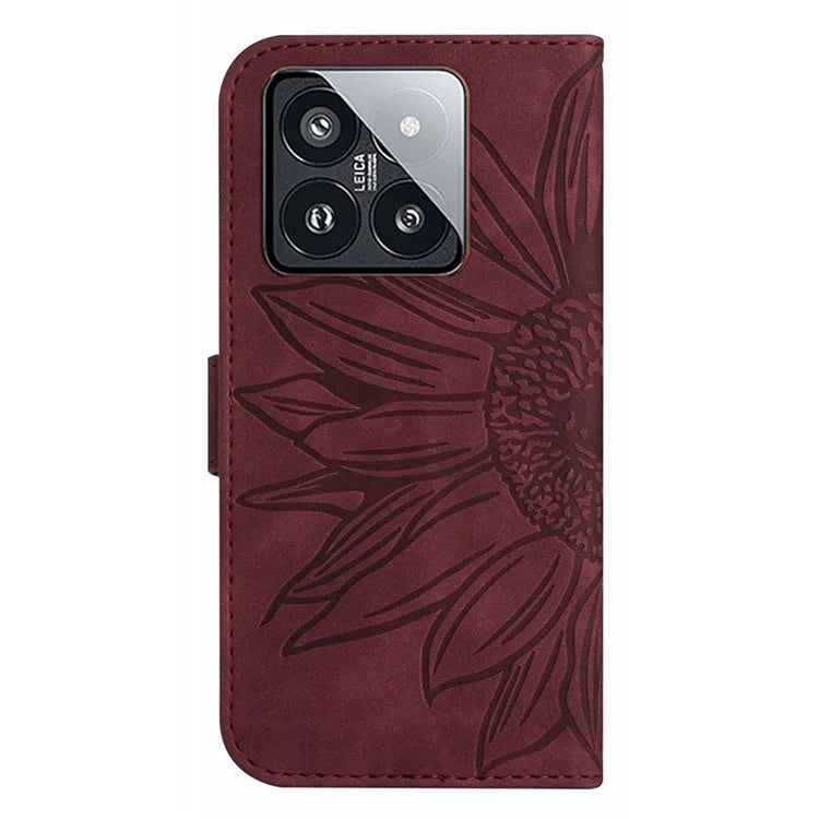 HT04 For Xiaomi 14 Case PU Leather Wallet Imprinted Sunflower Cover with Wrist Strap