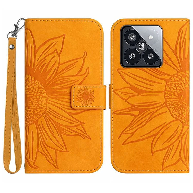 HT04 For Xiaomi 14 Case PU Leather Wallet Imprinted Sunflower Cover with Wrist Strap