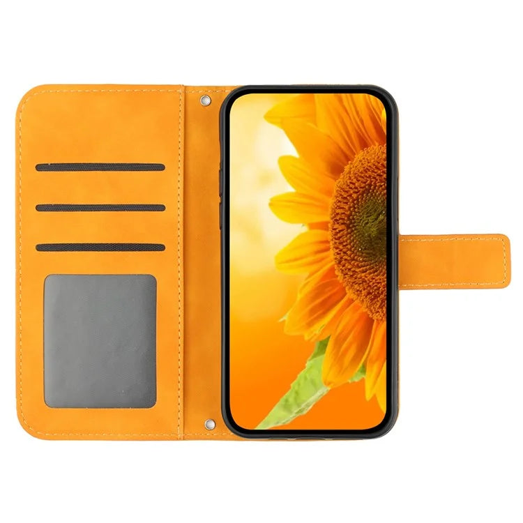 HT04 For Xiaomi 14 Case PU Leather Wallet Imprinted Sunflower Cover with Wrist Strap