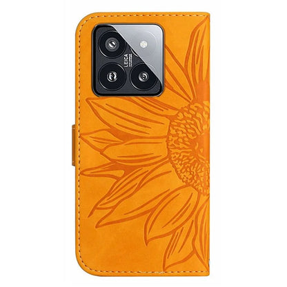 HT04 For Xiaomi 14 Case PU Leather Wallet Imprinted Sunflower Cover with Wrist Strap