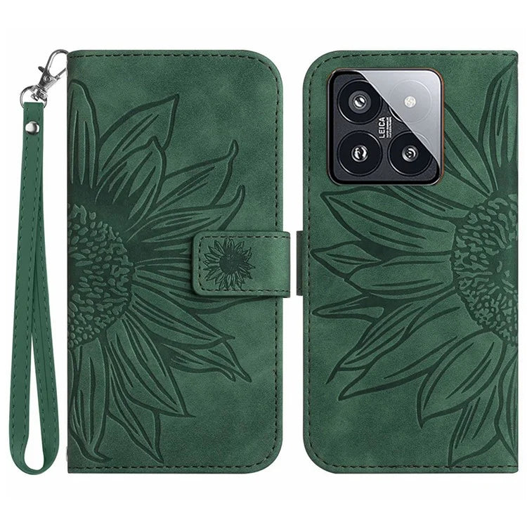 HT04 For Xiaomi 14 Case PU Leather Wallet Imprinted Sunflower Cover with Wrist Strap