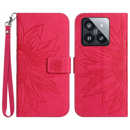 HT04 For Xiaomi 14 Case PU Leather Wallet Imprinted Sunflower Cover with Wrist Strap