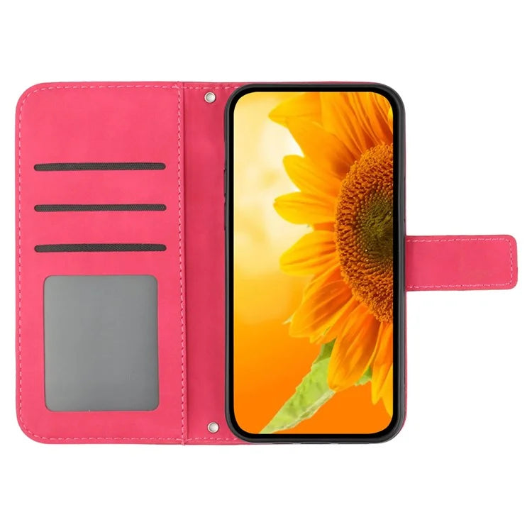 HT04 For Xiaomi 14 Case PU Leather Wallet Imprinted Sunflower Cover with Wrist Strap
