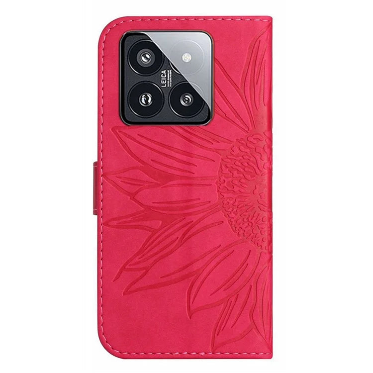 HT04 For Xiaomi 14 Case PU Leather Wallet Imprinted Sunflower Cover with Wrist Strap