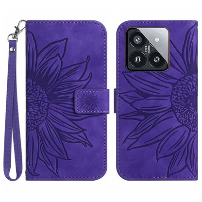 HT04 For Xiaomi 14 Case PU Leather Wallet Imprinted Sunflower Cover with Wrist Strap
