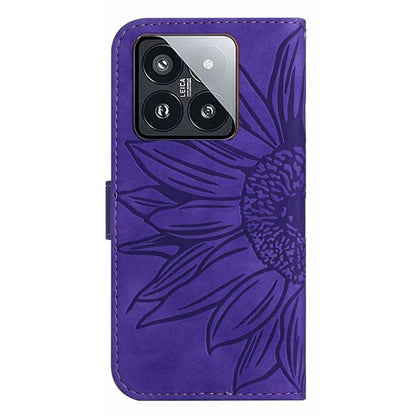 HT04 For Xiaomi 14 Case PU Leather Wallet Imprinted Sunflower Cover with Wrist Strap