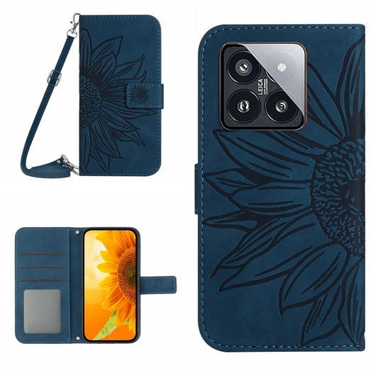 HT04 For Xiaomi 14 Case Sunflower Imprinted Stand Wallet Cover with Shoulder Strap
