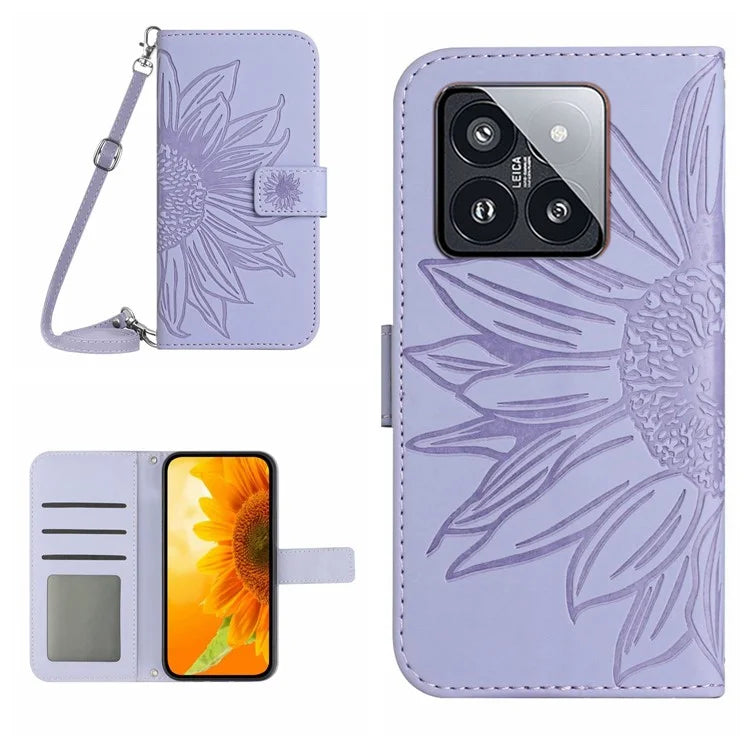 HT04 For Xiaomi 14 Case Sunflower Imprinted Stand Wallet Cover with Shoulder Strap