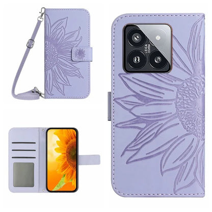 HT04 For Xiaomi 14 Case Sunflower Imprinted Stand Wallet Cover with Shoulder Strap