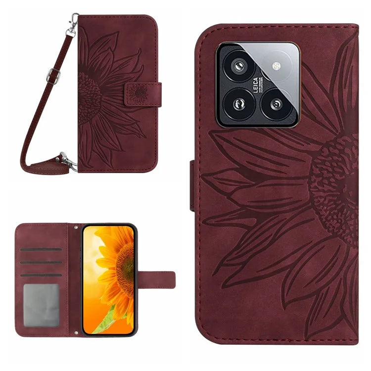 HT04 For Xiaomi 14 Case Sunflower Imprinted Stand Wallet Cover with Shoulder Strap