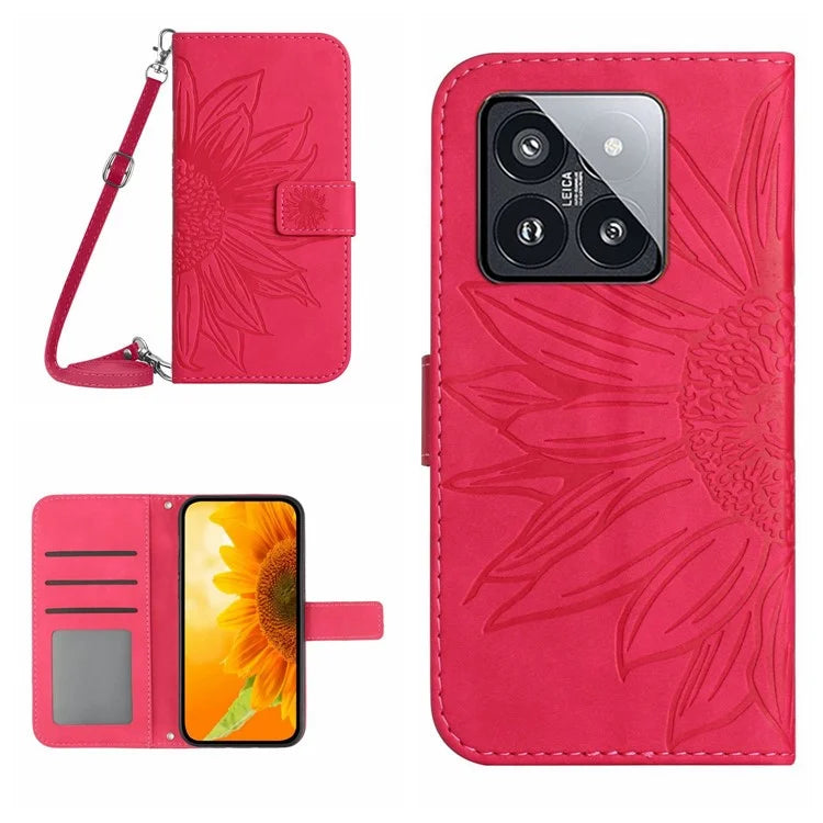HT04 For Xiaomi 14 Case Sunflower Imprinted Stand Wallet Cover with Shoulder Strap
