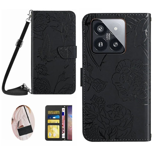 HT03 For Xiaomi 14 Case Flower Butterfly Wallet Phone Cover with Shoulder Strap