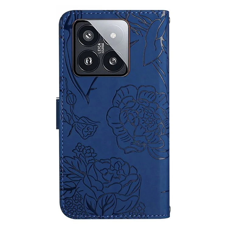 HT03 For Xiaomi 14 Case Flower Butterfly Wallet Phone Cover with Shoulder Strap
