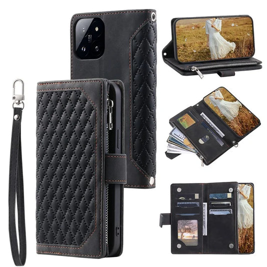 005 Style For Xiaomi 14 Pro Case Zipper Wallet Rhombus Leather Cover with Strap