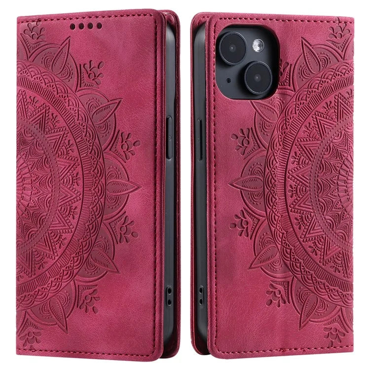 For iPhone 14 Case PU Leather Imprinted Mandala Flower Wallet Phone Cover