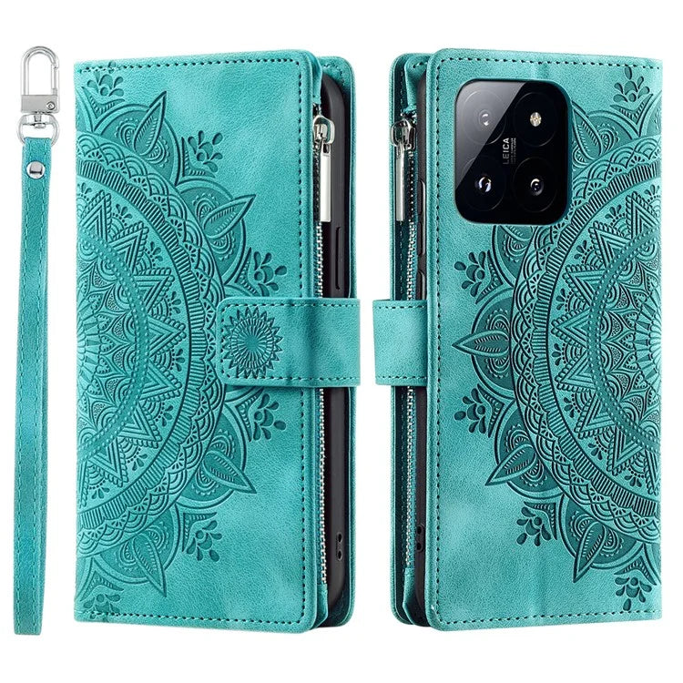 006 For Xiaomi 14 Case Slim-Fit Phone Shell Leather Wallet Imprinted Phone Cover with Strap