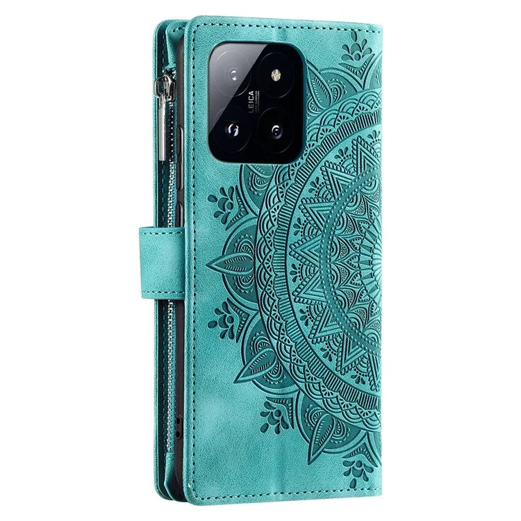 006 For Xiaomi 14 Case Slim-Fit Phone Shell Leather Wallet Imprinted Phone Cover with Strap