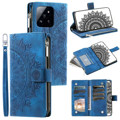 006 For Xiaomi 14 Case Slim-Fit Phone Shell Leather Wallet Imprinted Phone Cover with Strap