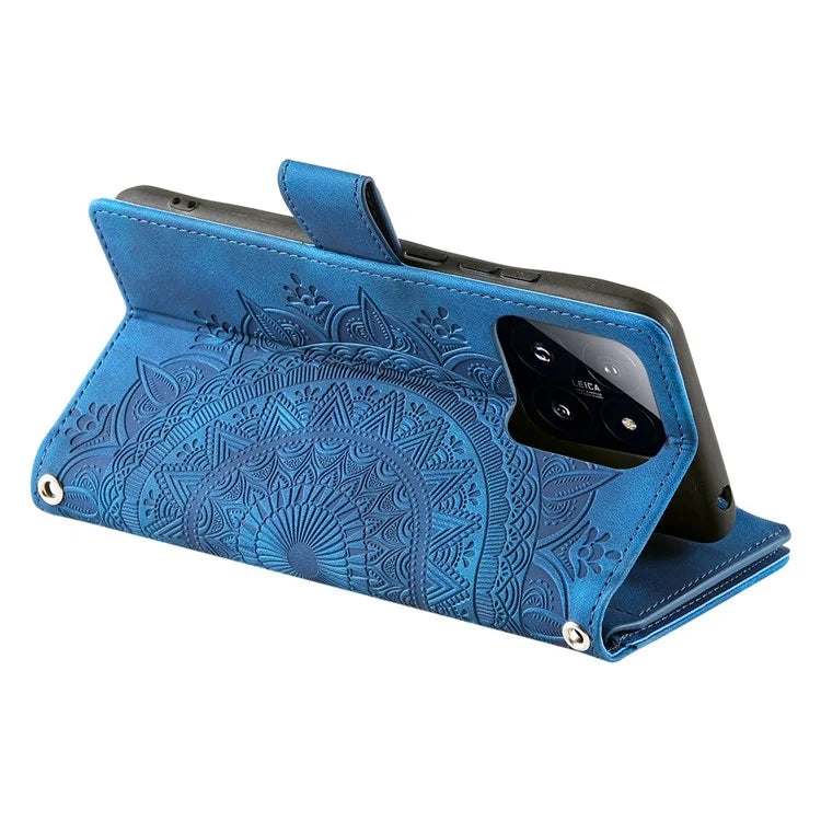 006 For Xiaomi 14 Case Slim-Fit Phone Shell Leather Wallet Imprinted Phone Cover with Strap