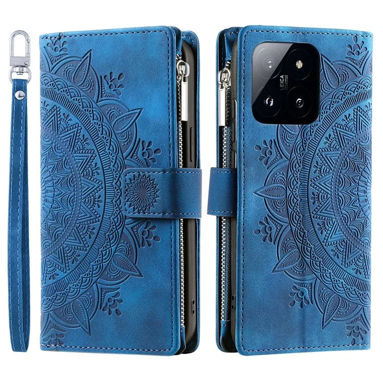 006 For Xiaomi 14 Case Slim-Fit Phone Shell Leather Wallet Imprinted Phone Cover with Strap