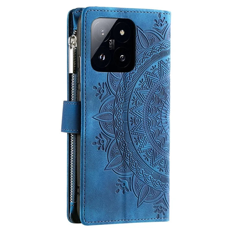 006 For Xiaomi 14 Case Slim-Fit Phone Shell Leather Wallet Imprinted Phone Cover with Strap
