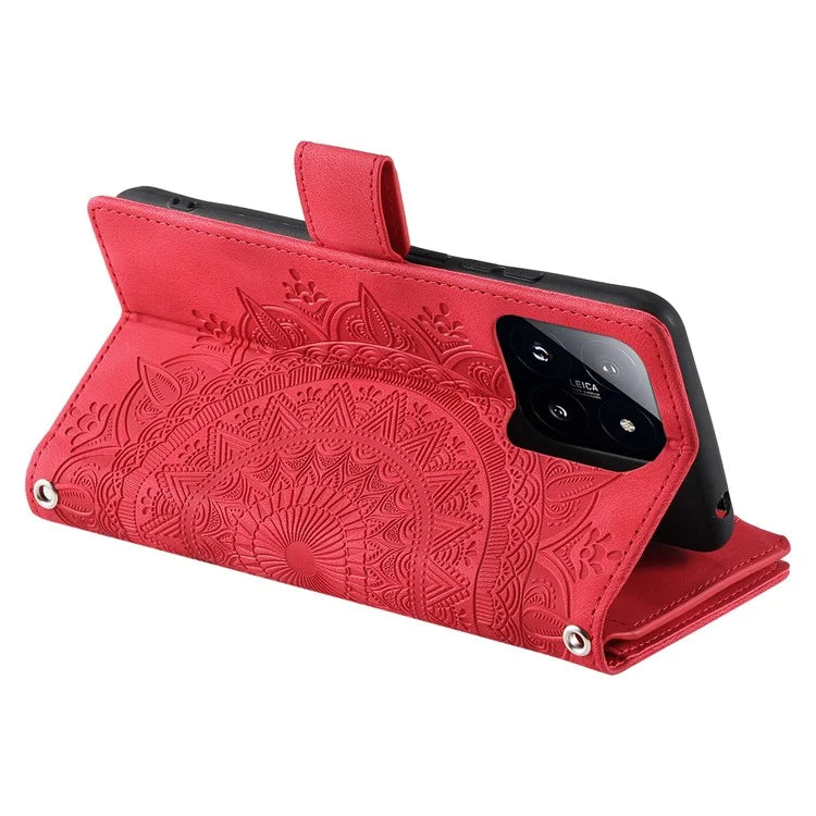 006 For Xiaomi 14 Case Slim-Fit Phone Shell Leather Wallet Imprinted Phone Cover with Strap