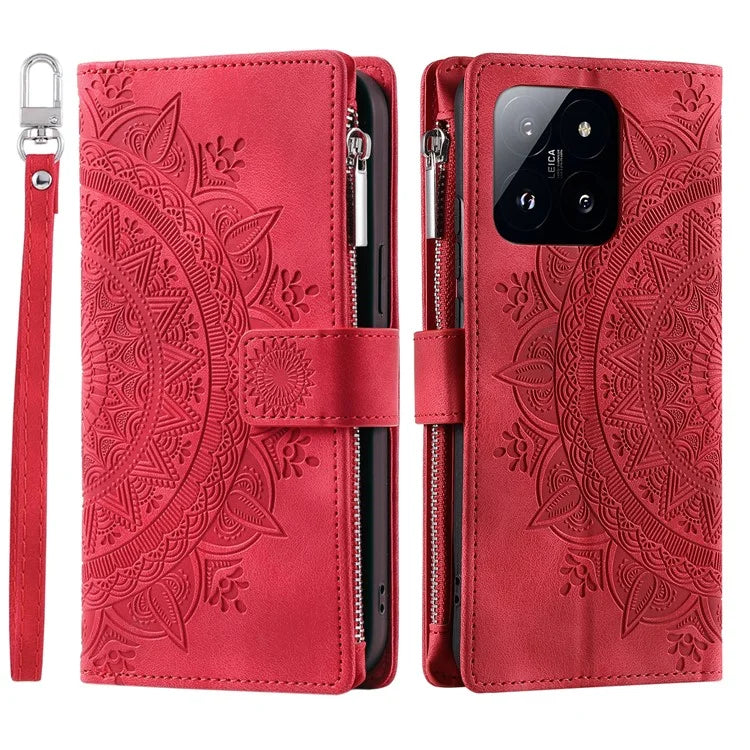 006 For Xiaomi 14 Case Slim-Fit Phone Shell Leather Wallet Imprinted Phone Cover with Strap