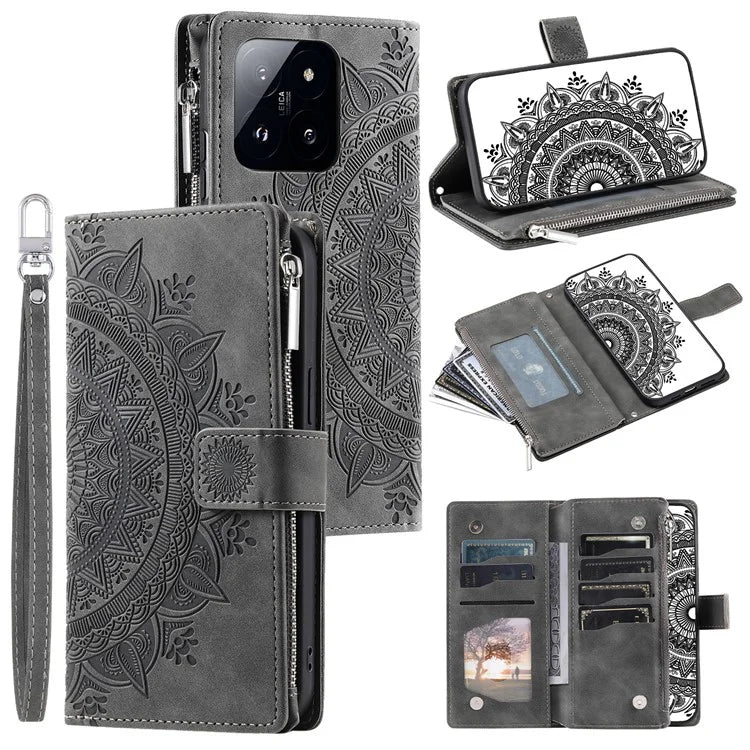 006 For Xiaomi 14 Case Slim-Fit Phone Shell Leather Wallet Imprinted Phone Cover with Strap