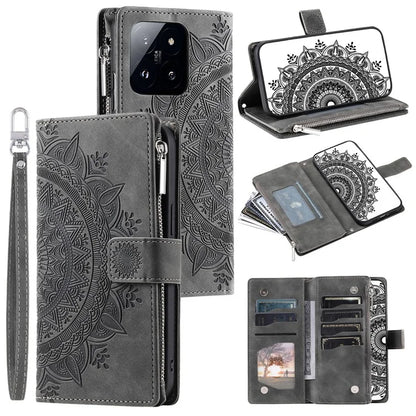 006 For Xiaomi 14 Case Slim-Fit Phone Shell Leather Wallet Imprinted Phone Cover with Strap