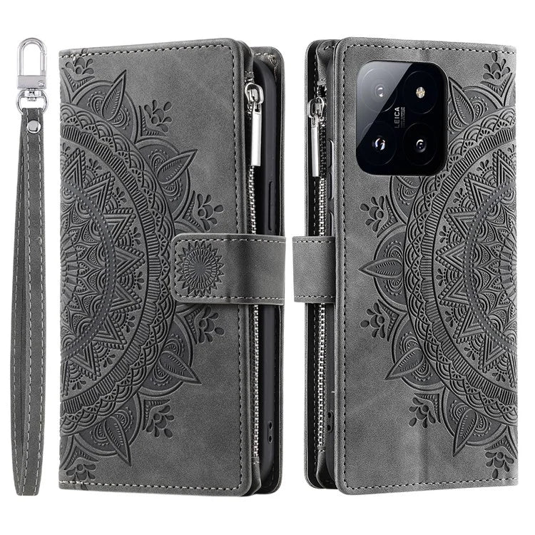 006 For Xiaomi 14 Case Slim-Fit Phone Shell Leather Wallet Imprinted Phone Cover with Strap