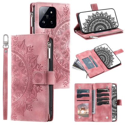 006 For Xiaomi 14 Case Slim-Fit Phone Shell Leather Wallet Imprinted Phone Cover with Strap