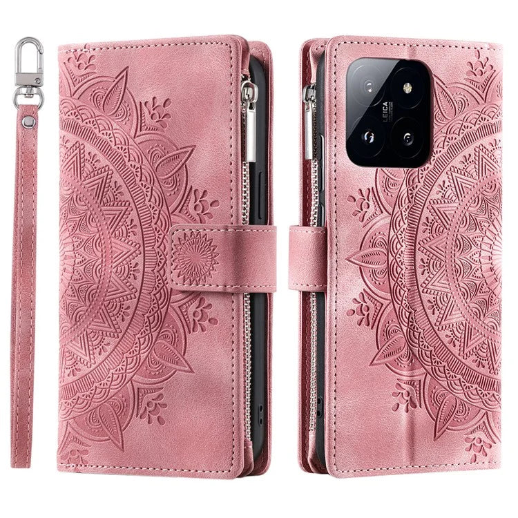 006 For Xiaomi 14 Case Slim-Fit Phone Shell Leather Wallet Imprinted Phone Cover with Strap