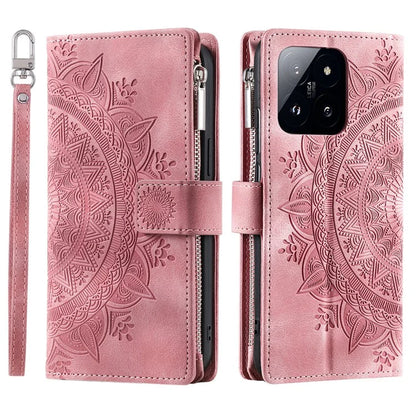 006 For Xiaomi 14 Case Slim-Fit Phone Shell Leather Wallet Imprinted Phone Cover with Strap