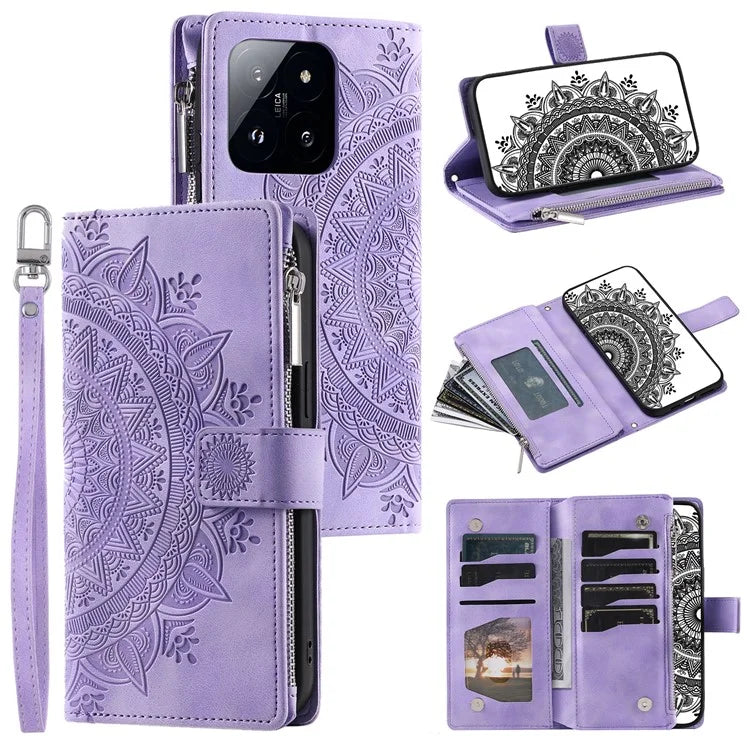 006 For Xiaomi 14 Case Slim-Fit Phone Shell Leather Wallet Imprinted Phone Cover with Strap