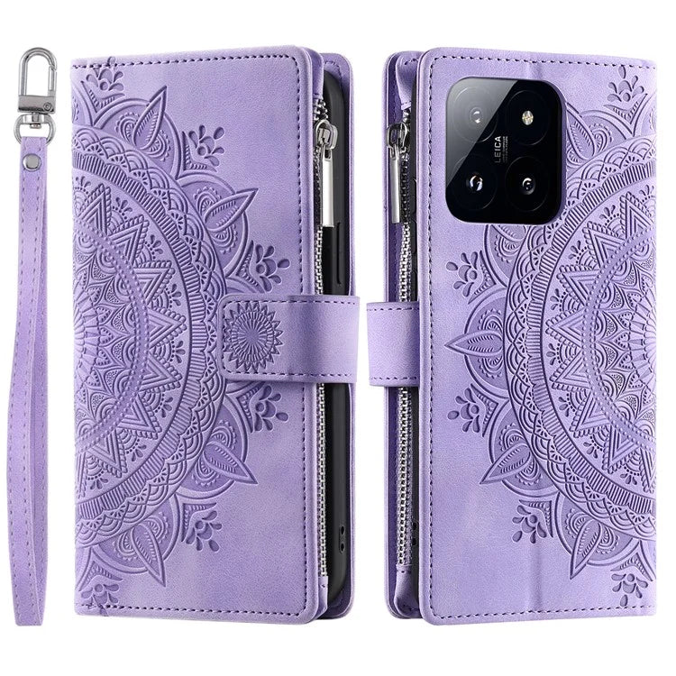 006 For Xiaomi 14 Case Slim-Fit Phone Shell Leather Wallet Imprinted Phone Cover with Strap